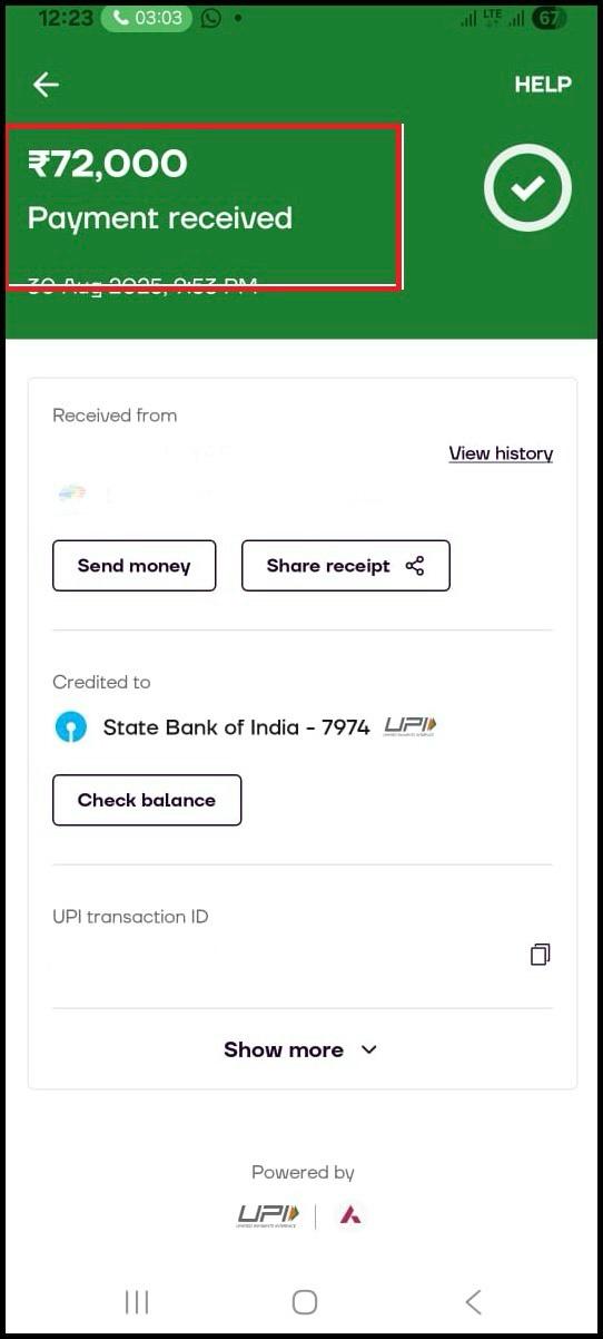 Screenshot of payment app displaying ₹72,000 payment received confirmation