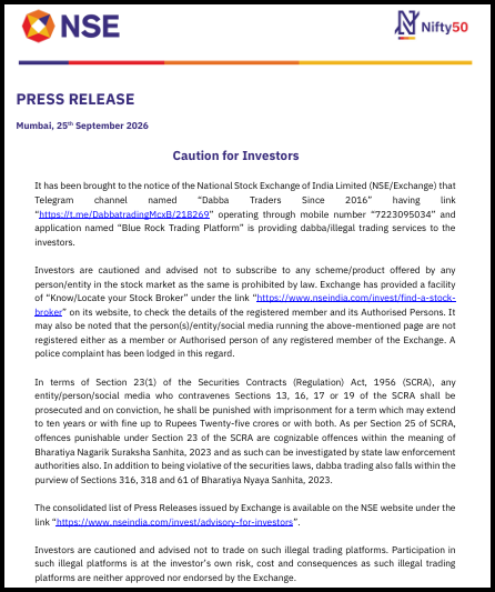 NSE press release dated 25 September 2026 warning investors about illegal Dabba Traders Telegram channel