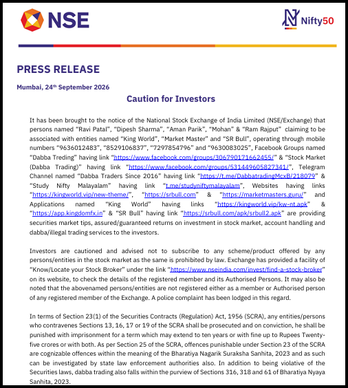 NSE press release dated 24 September 2026 warning investors about multiple fraudulent dabba trading entities