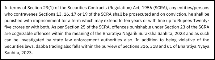 Excerpt of NSE press release listing legal penalties for dabba trading under Indian securities law