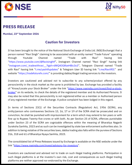 NSE press release dated 23 September 2026 warning investors about Ravi Singh and Trade Future entity