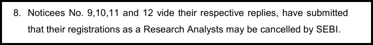 SEBI order text point 8 stating noticees 9, 10, 11 and 12 submitted that their research analyst registrations may be cancelled