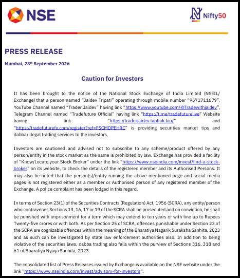 NSE press release dated 28 September 2026 warning investors about Jaidev Tripati and illegal dabba trading services