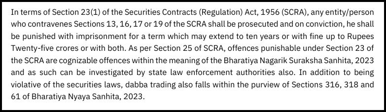 Excerpt of NSE press release listing legal penalties for dabba trading under Indian securities law