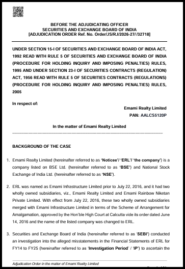 SEBI adjudication order cover page, Order Ref. No. Order/JS/RJ/2026-27/32718, against Emami Realty Limited.