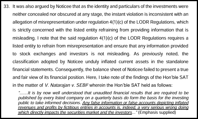 Text discussing the Notice's defense against a misrepresentation allegation under Regulation 4(1)(c) of the LODR Regulations, citing the SAT ruling in V. Natarajan v. SEBI.
