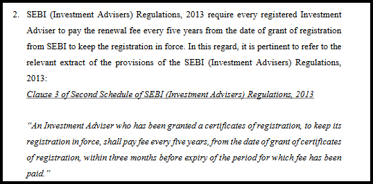 Text citing Clause 3 of the Second Schedule of SEBI (Investment Advisers) Regulations, 2013, requiring five-yearly renewal fee payment.