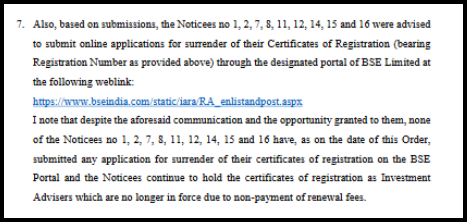 Text noting several Notices were advised to apply for surrender of their Certificates of Registration via the BSE portal but did not comply.