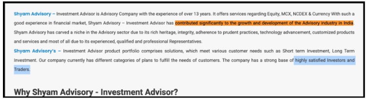 Shyam Advisory website claims about client satisfaction Shyam Advisory website text highlighting claims of highly satisfied investors and traders