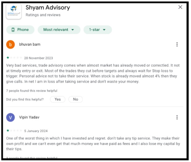 Play Store review about Shyam Advisory calls arriving late and fees exceeding profits
