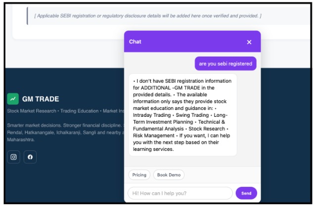 gm-trade-ai-chat-sebi-registration-query Screenshot of GM Trade AI chat assistant stating it lacks SEBI registration information