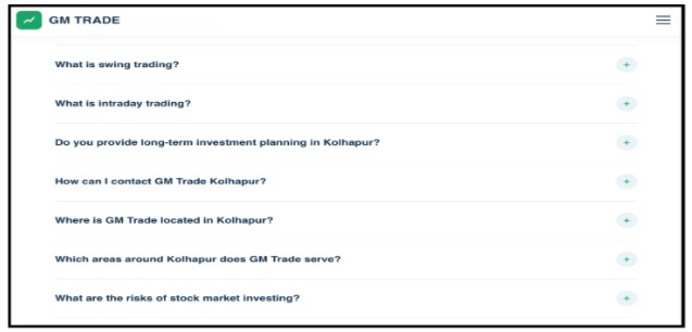 gm-trade-website-broken-faq-and-links Screenshot of GM Trade homepage displaying unanswered FAQ toggles and non-functional links