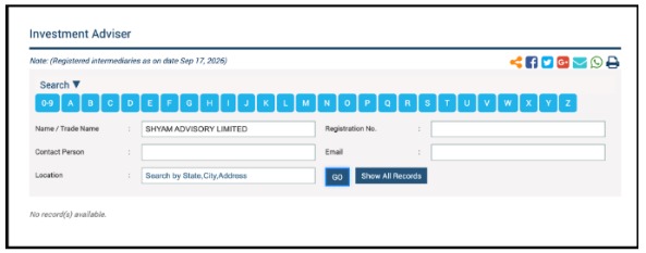 SEBI Investment Adviser search result for Shyam Advisory SEBI Investment Adviser search showing no record found for Shyam Advisory Limited