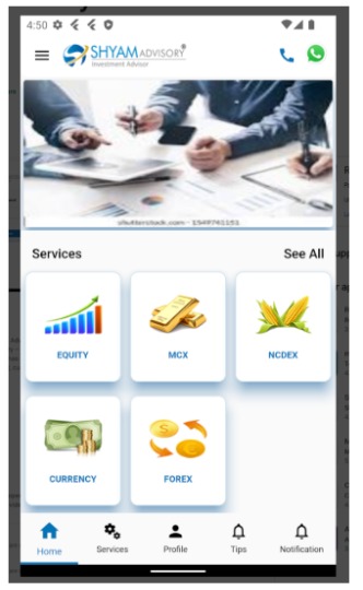 Shyam Advisory services screenshot Shyam Advisory website screenshot showing Equity, MCX, NCDEX, Currency and Forex services