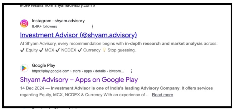 Shyam Advisory branded as Investment Advisor online Google search results showing Shyam Advisory listed as Investment Advisor on Instagram and Google Play