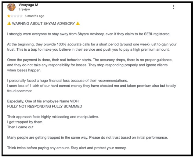 Google review describing Shyam Advisory support stopping after payment