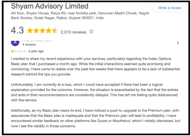 Google review saying Shyam Advisory call accuracy dropped after a bigger payment