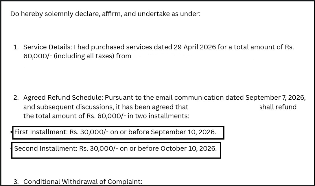 Settlement agreement letter detailing fee refund terms and installment schedule under SEBI SCORES escalation.