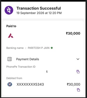 PhonePe payment receipt showing a successful UPI transaction of ₹30,000.