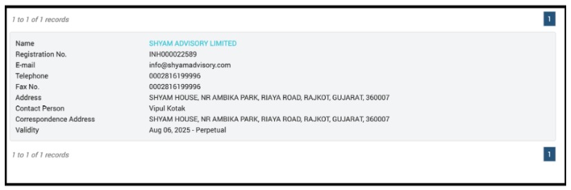 SEBI registration record for Shyam Advisory Limited SEBI record showing Shyam Advisory Limited's registration number INH000022589