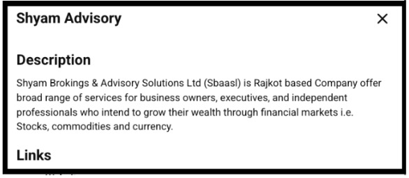 Shyam Brokings and Advisory Solutions Ltd business listing Business listing describing Shyam Brokings and Advisory Solutions Ltd as a Rajkot based company