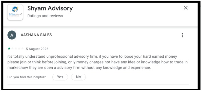 Play Store review questioning Shyam Advisory's trading knowledge and experience