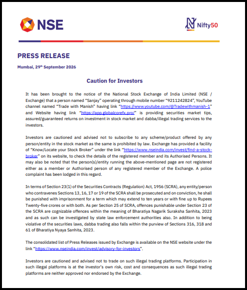 NSE press release dated September 29, 2026 cautioning investors against illegal dabba trading and assured return tips.