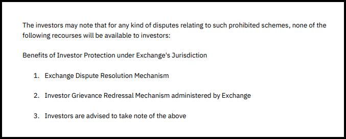NSE notice listing the dispute resolution and investor grievance redressal benefits not available for prohibited trading schemes