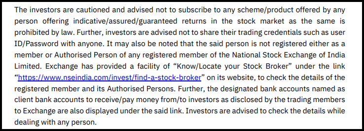 Text excerpt from an NSE notice warning investors not to share trading login credentials and to verify brokers using the NSE "Know/Locate your Stock Broker" link before transacting.