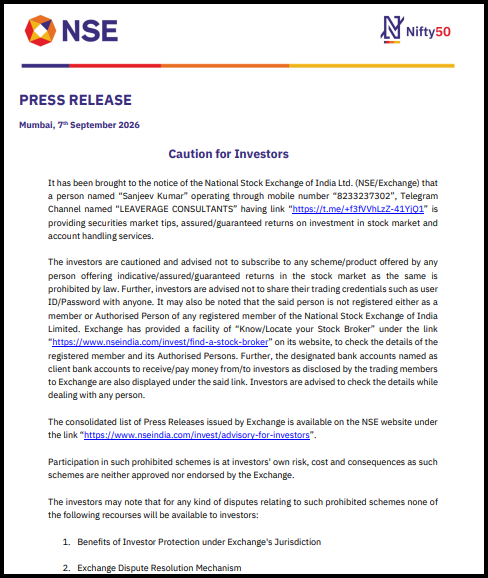 Official NSE press release titled "Caution for Investors," warning the public about an unregistered person named Sanjeev Kumar running a Telegram channel called Leverage Consultants offering guaranteed stock market tips, with a link to verify authorized brokers and a list of investor protection recourse options.