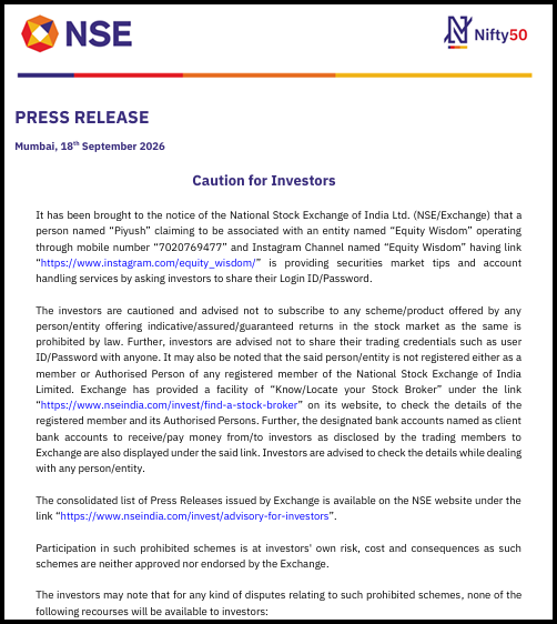 NSE press release dated 18 September 2026 titled "Caution for Investors," warning about a person named "Piyush" offering unregistered stock tips via Instagram.