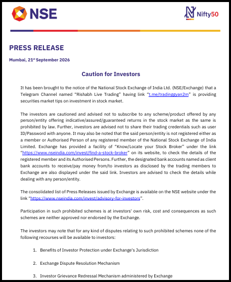 NSE press release dated 21 September 2026 titled "Caution for Investors," warning about a Telegram channel "Rishabh Live Trading" offering unregistered stock market tips.