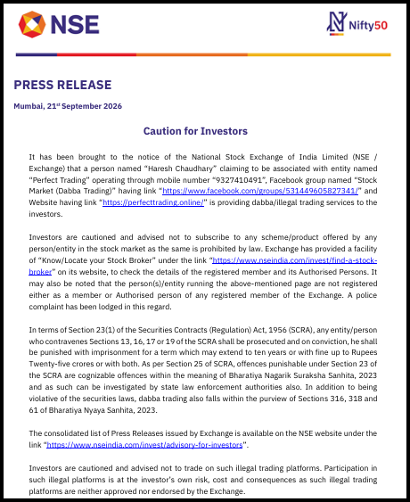NSE press release dated 21 September 2026 titled "Caution for Investors," warning about "Haresh Chaudhary" and "Perfect Trading" offering illegal dabba trading services.