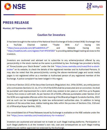 NSE press release dated 22 September 2026 titled "Caution for Investors," warning about a YouTube channel "Trader With A.s" and a website offering illegal dabba trading services.