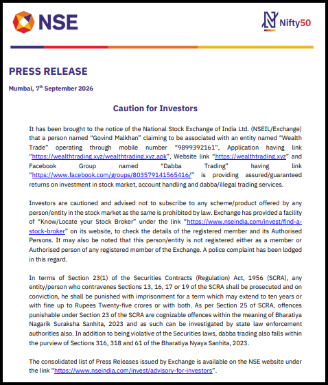 Official NSE press release titled "Caution for Investors," warning the public about an unregistered entity named Wealth Trade/Dabba Trading offering illegal guaranteed-return investment and trading services, with legal warnings and a link to verify authorized stockbrokers.
