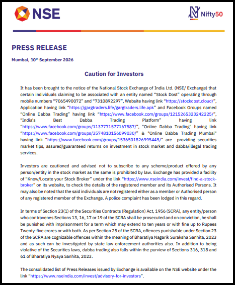 NSE press release dated 10 September 2026 titled "Caution for Investors," warning about fraudulent entities offering fake stock market tips and Demat/trading services.
