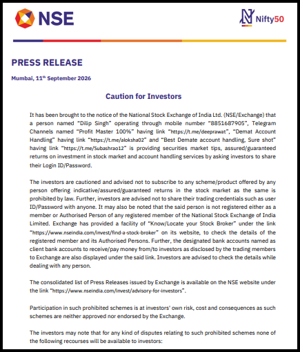 NSE press release dated 11 September 2026 warning investors about a fraudulent stock market tipster named Dilip Singh using WhatsApp, Telegram, and demat account handling services.
