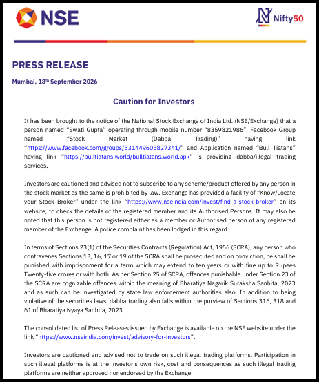 NSE press release dated 18 September 2026 titled "Caution for Investors," warning the public about an unregistered illegal trading scheme.