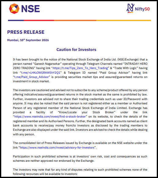 NSE press release dated 10 September 2026 titled "Caution for Investors," warning about a person named Ganesh Nagarsekar running fraudulent Telegram trading channels.