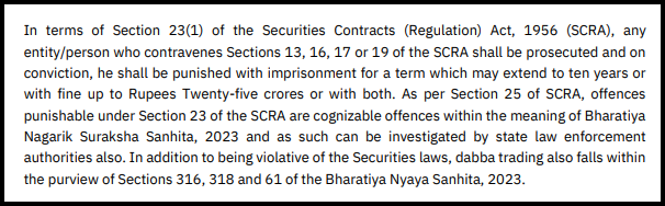 Text excerpt citing Section 23(1) of the SCRA, 1956, describing imprisonment up to ten years or fines up to twenty-five crore rupees for securities law violations, and referencing related sections of the Bharatiya Nagarik Suraksha Sanhita and Bharatiya Nyaya Sanhita, 2023.