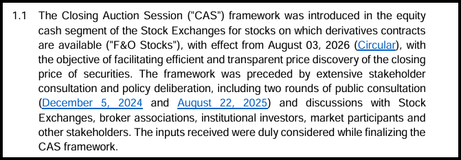 Paragraph 1.1 describing SEBI's introduction of the Closing Auction Session framework for F&O stocks from August 3, 2026, following stakeholder consultations.