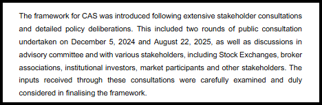 Text explaining that the CAS framework followed two rounds of public consultation on December 5, 2024, and August 22, 2025, along with discussions with stock exchanges, brokers, institutional investors, and other market participants.