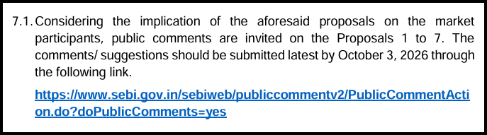 Notice inviting public comments on Proposals 1 to 7 by October 3, 2026, via a SEBI web link.