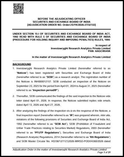 SEBI adjudication order cover page, Order No. Order/JS/YK/2026-27/32722, against Investowryght Research Analytics Private Limited.