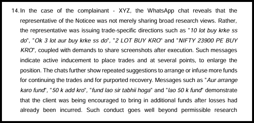 Text excerpt describing WhatsApp chats where a research analyst representative issued specific trade directions and pressured a client to add funds.