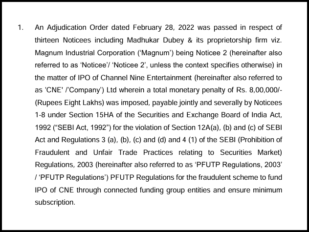 SEBI adjudication order dated February 28, 2022 imposing a Rs. 8 lakh penalty on 13 noticees in the Channel Nine Entertainment IPO case