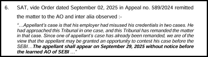 SAT order dated September 2, 2025 in Appeal 589/2024 sending the matter back to the SEBI Adjudicating Officer