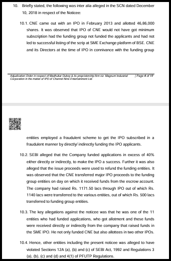 Allegations in the SEBI show cause notice dated December 10, 2018 about the Channel Nine Entertainment IPO funding scheme