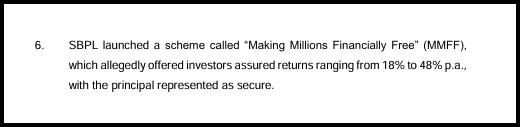SEBI order paragraph 6 describing the Making Millions Financially Free scheme with assured returns of 18% to 48% per annum