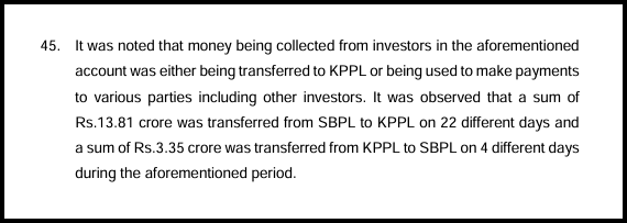 SEBI order paragraph 45 on Rs. 13.81 crore transferred from SBPL to KPPL and Rs. 3.35 crore transferred back